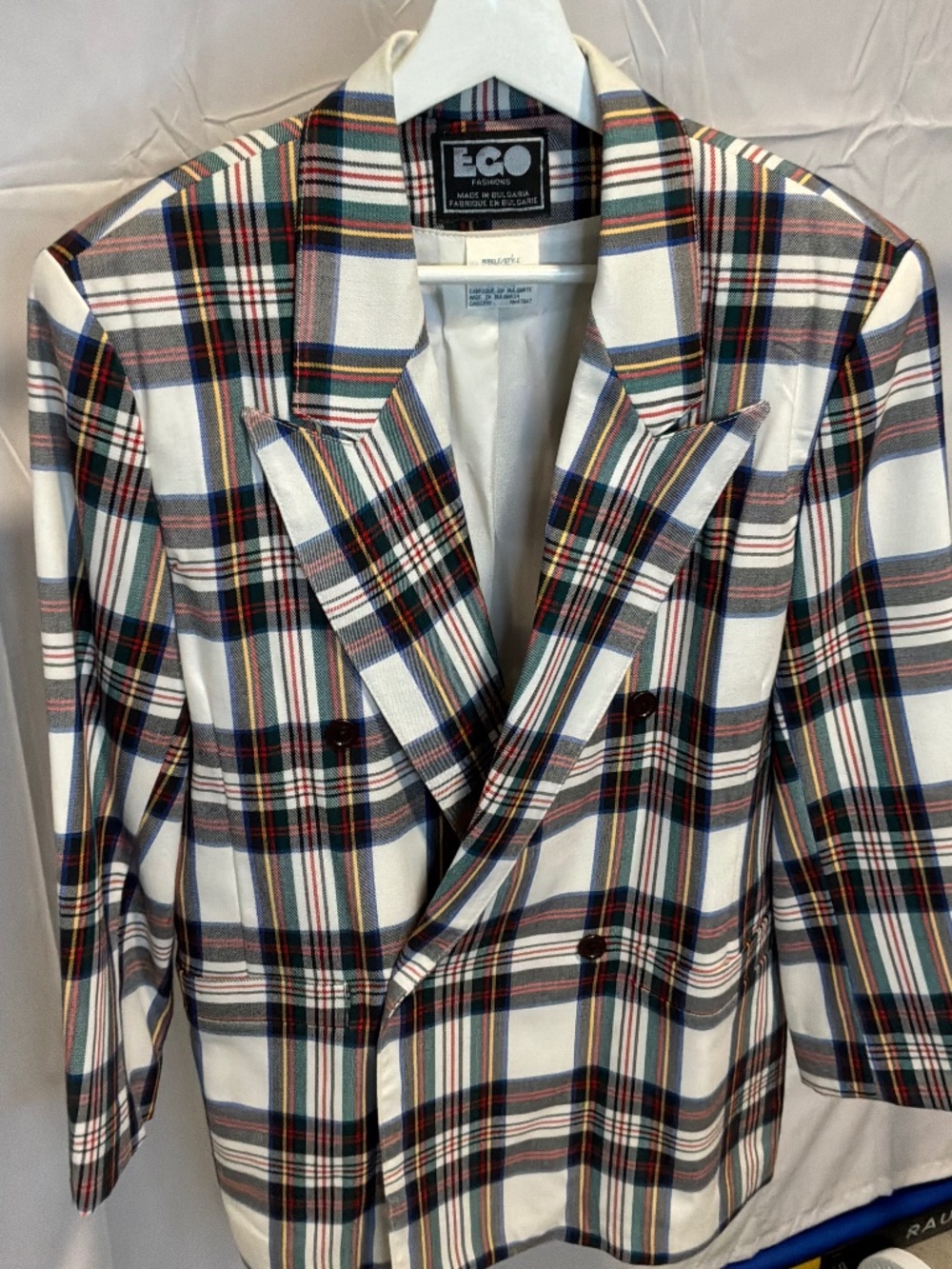 Vintage ECO Fashions Plaid Double Breasted Blazer Jacket Cream Green M 11/12